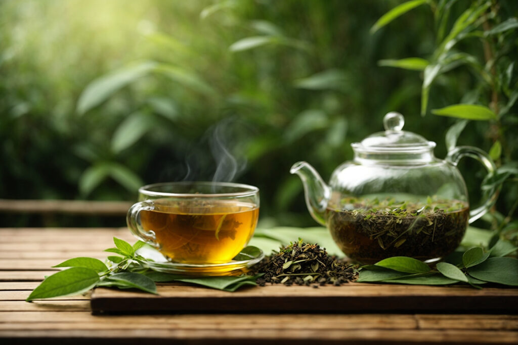 a cup of green tea and leaves